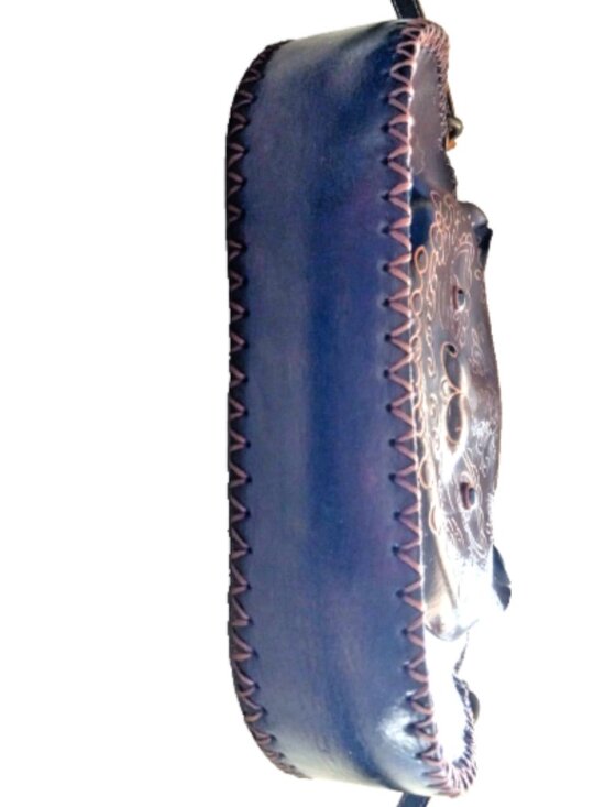 Leather Cat Face Crossbody Bag Hand Tooled Embossed Black Boho Whipstitch - Picture 12 of 14